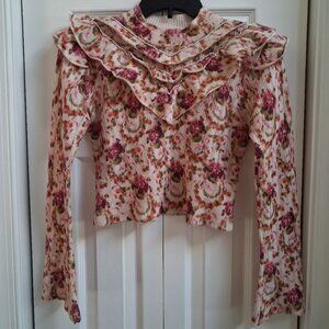 ANTHROPOLOGIE Victoria Cashmere Floral Ruffle Sweater sz XS